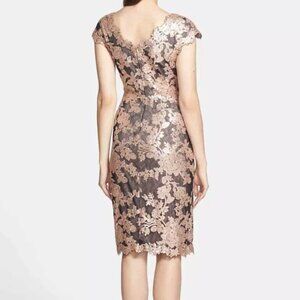 Tadashi Shoji Size 8 Cap Sleeve Sheath Dress Antique Pink Sequin Black Lace